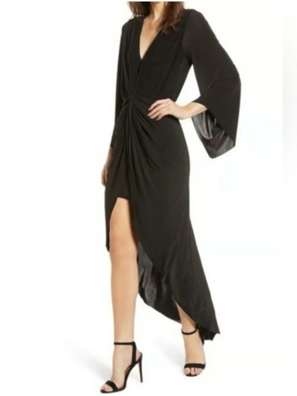 MISA Los Angeles Teget High Low Knotted Twist Front Draped Maxi Dress